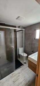 a bathroom with a shower and a tub and a toilet at A pie de playa in Torrevieja