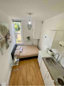 Habitación pequeña con cama y lavamanos en Great location studio apartment with Smart TV and workspace en Londres