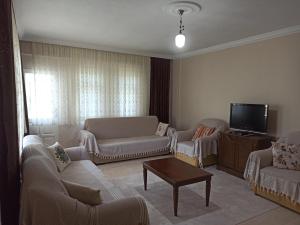 a living room with couches and a flat screen tv at Local Home in Çağlayan