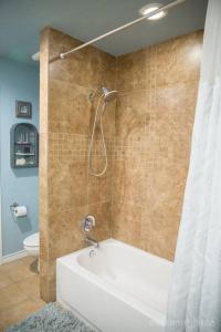 a bathroom with a shower with a tub and a toilet at La Villetta in Dripping Springs