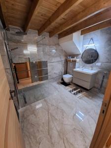 La grande salle de bains est pourvue d'un lavabo et de toilettes. dans l'établissement VILLA AU COEUR DE L'HERAULT AVEC PISCINE ET SAUNA, à Saint-André-de-Sangonis