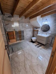 een grote badkamer met een wastafel en een toilet bij VILLA AU COEUR DE L'HERAULT AVEC PISCINE ET SAUNA in Saint-André-de-Sangonis