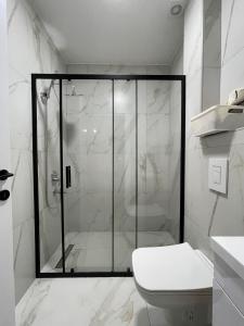 a bathroom with a glass shower with a toilet at Apartment Maria in Utjeha