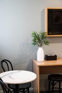 a white vase with a plant sitting on a table at Aden Hotel Mudgee in Mudgee
