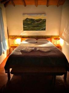 a bedroom with a bed with two lamps and a painting at Pousada Luar do Rosário in Milho Verde