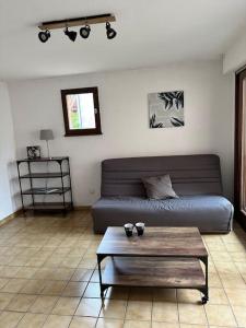 een woonkamer met een bank en een salontafel bij Charmant appartement in Briançon