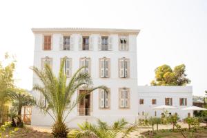 a white building with palm trees in front of it at La Bâtisse en Blanc in Golfe-Juan