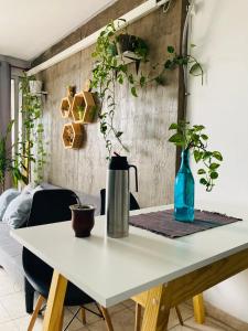 einem weißen Tisch mit zwei Vasen und Pflanzen darauf in der Unterkunft Altos de Barrio Sur in San Miguel de Tucumán