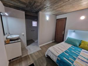 1 dormitorio con cama, lavabo y baño en Casa Nido, en Icod de los Vinos