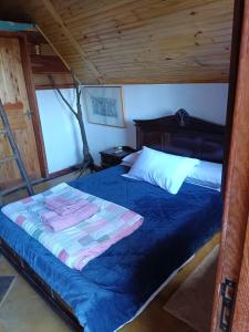 a bedroom with a bed with a blue comforter at Chalé do Mirante do Itacolomi in Ouro Preto
