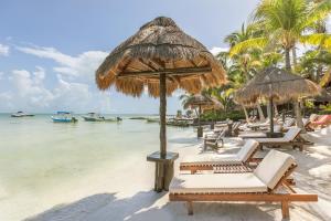 een strand met stoelen en parasols en de oceaan bij Beachfront Hotel La Palapa - Adults Only in Holbox Island