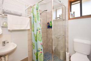 a bathroom with a shower and a toilet and a sink at Beach House Getaway - Family & Pets ZB6 in Buddina +28 photos
