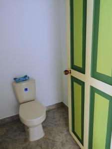 a bathroom with a toilet and a green door at Hostal El fin del afán in Jericó