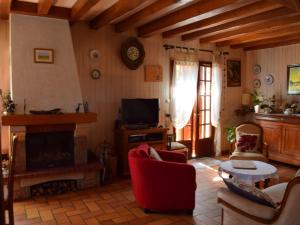 un soggiorno con camino e TV di Séjour bucolique en Sologne avec chambres confortables dans maison accueillante - FR-1-590-359 a Vannes-sur-Cosson