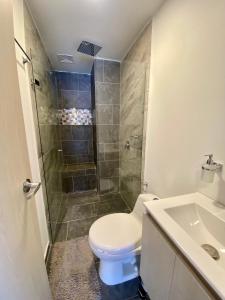 a bathroom with a toilet and a shower and a sink at Apartamento con Excelente Ubicación en Envigado in Envigado