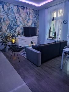 uma sala de estar com um sofá e uma televisão em Apartament Blisko Natury em Olsztyn