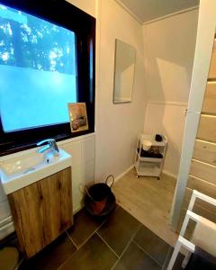 a bathroom with a sink and a large window at Finnhütte Strandbad Adria in Dessau