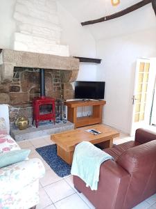 a living room with a couch and a fireplace at La Tentonniere in Saint-Michel-de-Montjoie