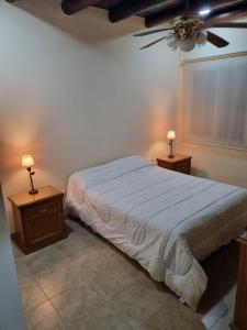 um quarto com uma cama e duas mesas de cabeceira com candeeiros em Gergla em Luján de Cuyo