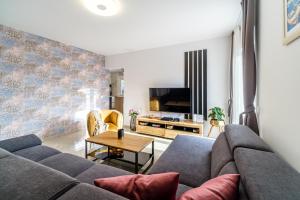 a living room with a couch and a tv at Villa Renesansa in Milna