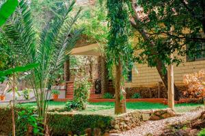 a garden with palm trees and a house at Hostel Kiliwood in Moshi