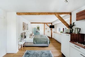 a bedroom with a bed and a kitchen at Mainterrasse Panorama Apartments in Miltenberg