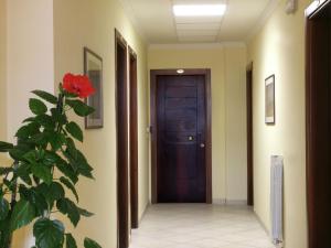 un couloir avec une porte et une plante fleurie dans l'établissement Princely Apartment in Torre Pedrera with Swimming Pool, à Rimini