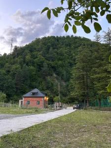 una casa en un camino frente a una montaña en WoodStar/ტყის ვარსკვლავი en Ambrolauri
