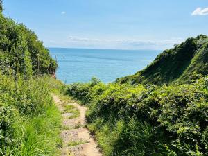 a dirt path leading to the ocean on a hill at Kinetic Stays - Serenity Holiday Cottages in Sidmouth