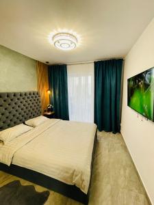 a bedroom with a bed and a large window at Aici te simți ca acasa in Iaşi +51 photos