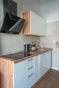 a kitchen with white cabinets and a stove top oven at Downtown Hostel in Split