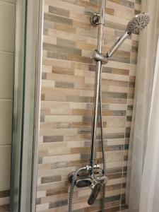マーリエにあるCasa Linda - Salento Experienceの木製の壁のバスルーム(シャワー付)