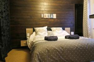 ein Schlafzimmer mit einem großen Bett und einer Holzwand in der Unterkunft Le Saint-Roch, Centre-ville, Terrasse privée in Issoudun