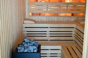 a sauna with a pile of rocks in it at Scorpios in Infinity Pool & Spa Resort in Mamaia Sat/Năvodari +94 photos