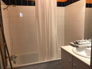 a bathroom with a shower curtain and a sink at Appartement Toulouse Jardin St Martin in Toulouse