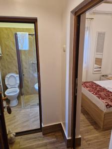 a bathroom with a shower and a toilet and a bed at Casa Dadi in Constanţa +58 photos
