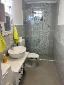 een badkamer met een wastafel, een toilet en een spiegel bij Silent Village Villa with Swimming Pool in Mostar