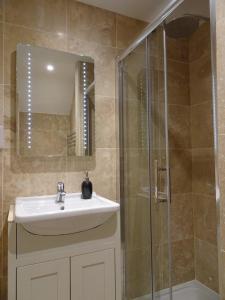 a bathroom with a sink and a shower at The Old Coach House in Redlynch