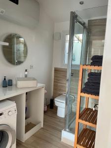 a bathroom with a sink and a toilet and a mirror at Cocon en Provence in Marignane