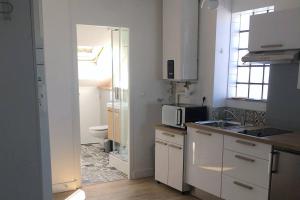 eine weiße Küche mit einem Waschbecken und einem WC in der Unterkunft Studio Très Agréable en Hyper Centre, 50 m du Port in Vannes