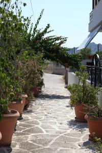 a walkway with potted plants on a building at Hara's Studio in Perdika