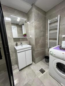 uma casa de banho com um lavatório e uma máquina de lavar roupa em Skopje Centar Margarita Luxury Aprtment(Private Parking) em Skopje