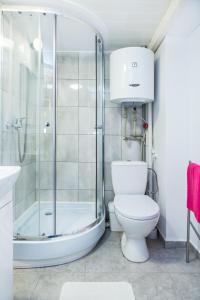 a bathroom with a shower and a toilet and a sink at Apartments on Miodowa in Kraków