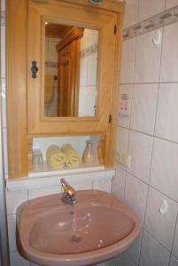 聖安東阿爾貝格的住宿－Apartpension Schollberg，一间带水槽和镜子的浴室