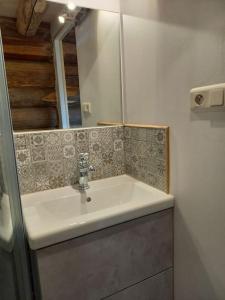 ein Bad mit einem Waschbecken und einem Spiegel in der Unterkunft Les Petites Fustes Dans La Prairie in Coucouron