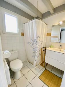 ビスカロッスにある6 RÉSIDENCE CYCLOPTERES -008のバスルーム(トイレ、洗面台、シャワーカーテン付)