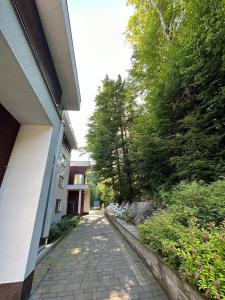 a stone walkway next to a building with trees at Bukove Love in Wisła