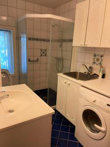 a bathroom with a sink and a washing machine at Villa Internationals in Oslo