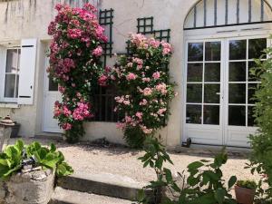 une maison avec des fleurs roses à l'avant dans l'établissement Les Troglos de la Tufolière, à Rochecorbon