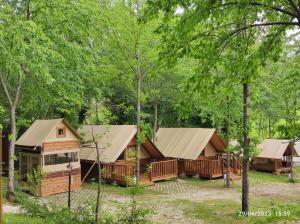 un gruppo di cottage nel bosco con alberi di Saecula Natural Village Experience a Force